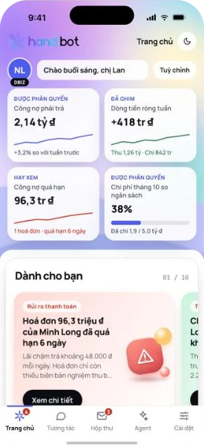 Ứng dụng HAND Bot trên điện thoại: trang chủ với các chỉ số được phân quyền, thẻ gợi ý và thanh điều hướng Trang chủ, Tương tác, Hộp thư, Agent, Cài đặt